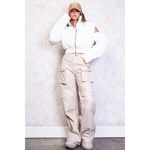 Rehab Lab Cold Shoulder Zip Front Puffer Jacket White Retro NWT Y2K V0001